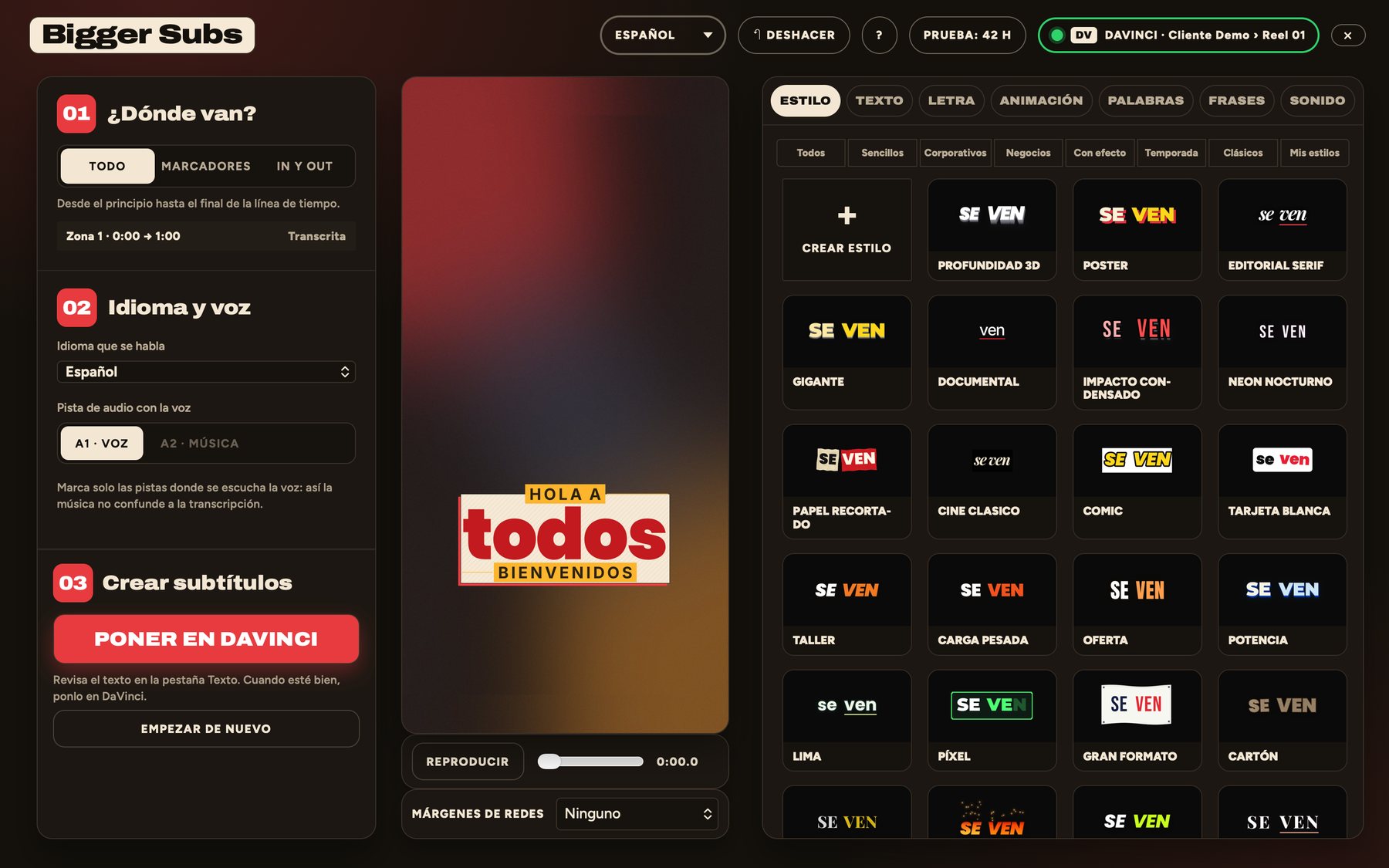 La app Bigger Subs: pasos a la izquierda, vista previa del subtítulo en el centro y galería de estilos a la derecha